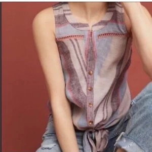 Maeve by Anthropologie Linen Multi Color Stripe Sleeveless Button Down Blouse 2 - Picture 1 of 5