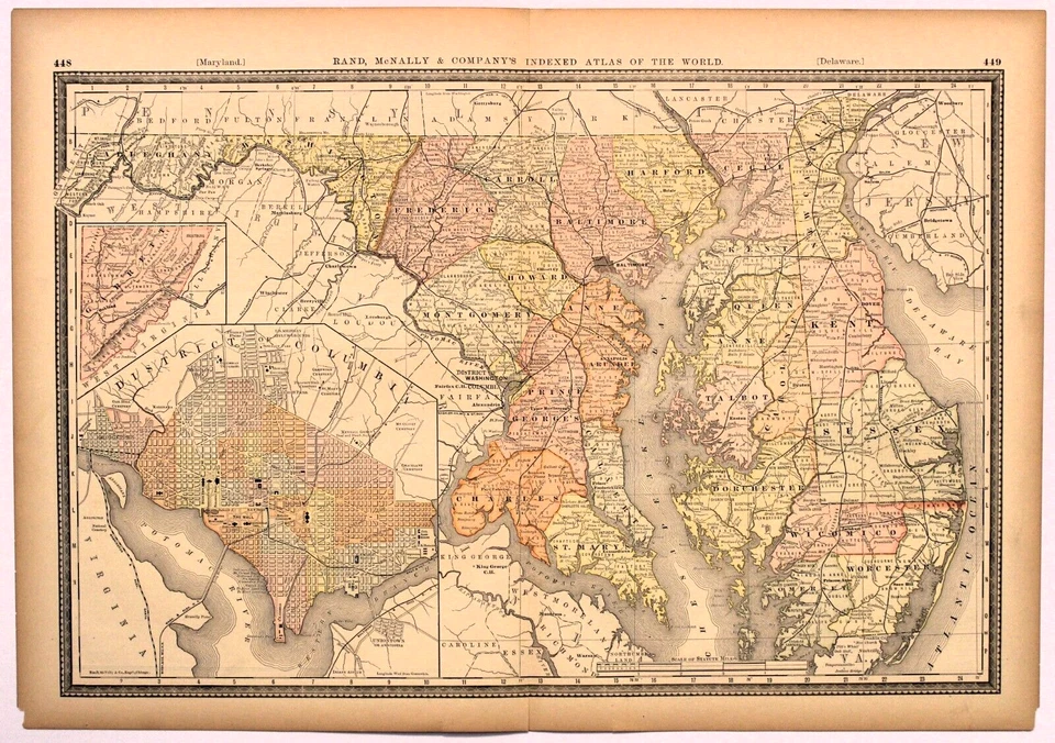 "DELAWARE, MARYLAND, DISTRITO DE COLUMBIA" Antiguo mapa auténtico 1883 Foto 1 de 1