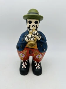 Peruvian Folk Art Terracotta Clay Pottery Musician Skeleton Figurine Trumpet - Picture 1 of 9