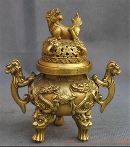 Old bronze dragon lion beast statue Tripod Censor censer Incense Burners - Picture 1 of 7