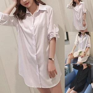 Minimalist Women's White Black Long Sleeve V Neckline Slim Fit Shirt Dress - Picture 1 of 42