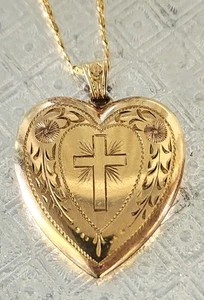 VTG X Large Bates & Bacon B&B Heart Locket Engraved Cross Gold Filled Necklace - Picture 1 of 9