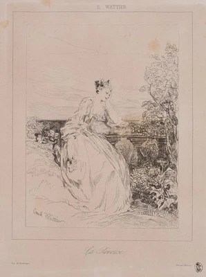 E. WATTIER (1800-1868), Dame über Brief sinnierend, Vernis Mou Barock 1800-1849 - Bild 1 von 4