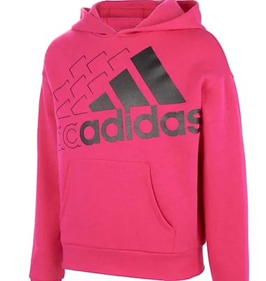 Adidas Older Girl’s Magenta Hoodie, 3D Black & Stencil Adidas Logo, Size Large - Image 1 of 3