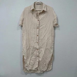 Vestido Camisa ZARA Mezcla Lino Botón Frontal Beige Midi Aberturas Laterales Bolsillos XS - Imagen 1 de 14