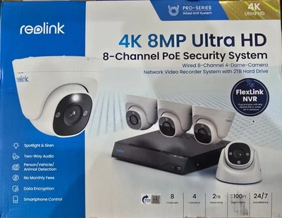 Reolink 4K 8MP Ultra HD  CCTV Set 8-Channel 4K PoE 4 Cameras IP66 Waterproof - Image 1 of 4