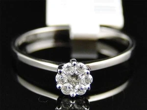 10K Ladies White Gold Round Cut Diamond Flower Cluster Engagement Wedding Ring - Picture 1 of 6
