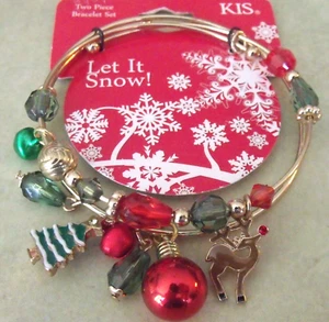 NWT 2 Piece Christmas Bangle Bracelet Set Reindeer Bells & more by KIS - Picture 1 of 9