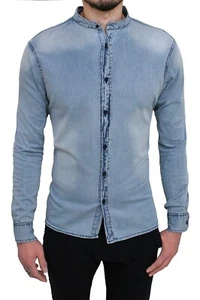 Camicia di Jeans uomo celeste slim fit aderente casual con colletto alla coreana - Imagen 1 de 3