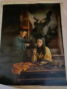 Vintage Ming Hin chinesisches Ölgemälde "Prinzessin mit Friseur" selten - Bild 1 von 11