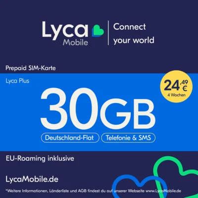 Lyca Mobile Plus Prepaid Smartphone SIM Karte ohne Vertrag 30GB