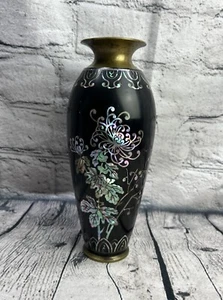 Vintage Black Lacquer Vase w Mother of Pearl Inlay Made from Artillery Shell 8” - Picture 1 of 7
