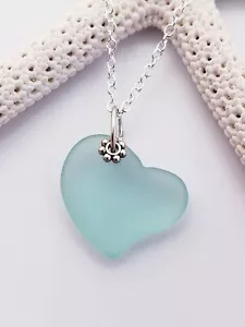 Sea Glass Necklace Autumn Mint Green Cultured Sea Glass Heart Pendant Necklace - Picture 1 of 5