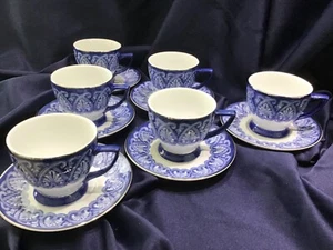 6 BOMBAY CO arabesque TILE cup & saucer sets BLUE + WHITE! NEW! NEVER USED! ☕️☕️ - Picture 1 of 8