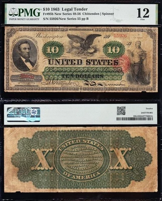 Bonita multa *RARA* 1863 $10 Lincoln "GREENBACK" ¡Nota de licitación legal de EE. UU.! PMG 12! Foto 1 de 3