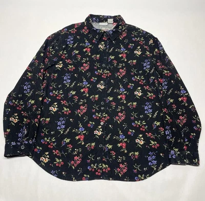 Camisa Chamarra Negra Pana Flor Silvestre Floral Botón Talla XL Boho Cottage Años 90 Y2K Foto 1 de 4
