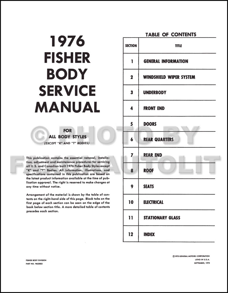 1976 Fisher Cuerpo Servicio Manual Buick Chevrolet Oldsmobile Pontiac Reparación - Imagen 1 de 1