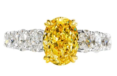 7CTCt Oval Lab Grown Fancy Vivid Yellow Diamond Engagement Women's Ring 14k Gold - Image 1 of 4