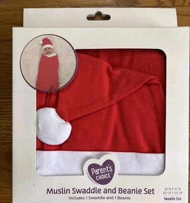 Infant Red Santa Muslin Swaddle & Beanie Set Brand New Holiday Gift - Image 1 of 4