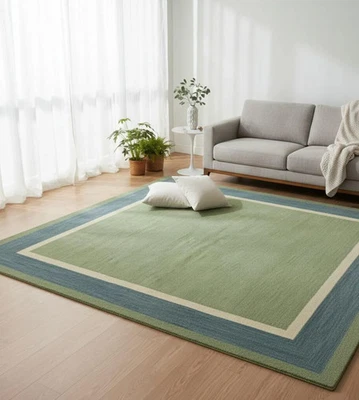 Hand-Tufted Wool Rug – Modern Green & Blue Border, Minimalist Carpet - Image 1 of 4