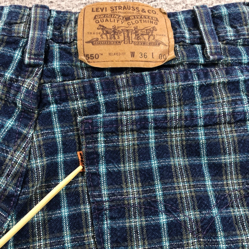 Pantalones Cortos Levis De Colección Hombres 36 Azul Cuadros Naranja Pestaña Sueltos Denim Pantalones Cortos Hechos en EE. UU. Años 90 Foto 1 de 4