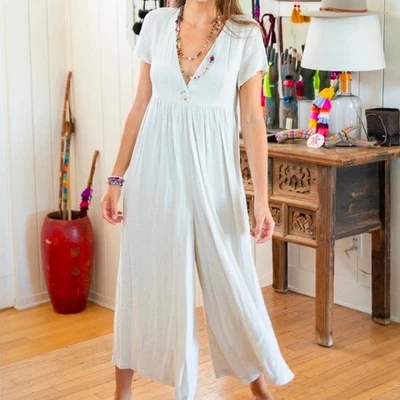 Natural Life Avery Linen Blend Wide Leg Jumpsuit Natural Cream Sz L/XL NEW Boho - Image 1 of 4