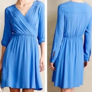 MAEVE Anthropologie Dress Womens Medium Blue V Neck Roll Tab Sleeve Wrap - Picture 1 of 10