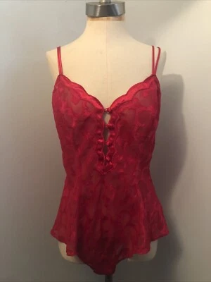 Vintage 90s Victorias Secret Gold Label Teddy Red Satin Burnout Button Front M - Image 1 of 4