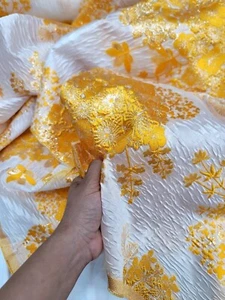 Fabric Sold By Yard White Organza Silk Orange Brocade Floral Fabric For Dress - Picture 1 of 9