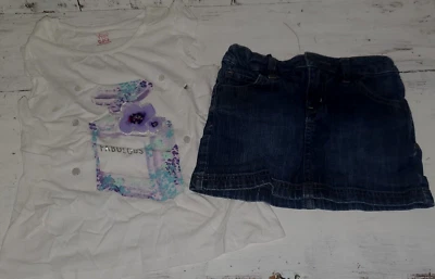 Outfit Children's Place White Purple Flower Shirt Cherokee Denim Skirt 7-8 *S24 - Image 1 of 4