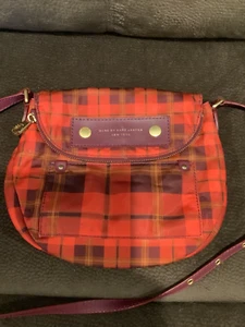 Marc By Marc Jacobs 10" Red Maroon Plaid Crossbody Handbag Natasha Q Nylon Bag - Picture 1 of 15