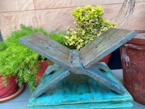 1890 Antique Book Rehal Old Wooden Hand Carved Floral Blue Paint Holy Book Stand - Picture 1 of 11