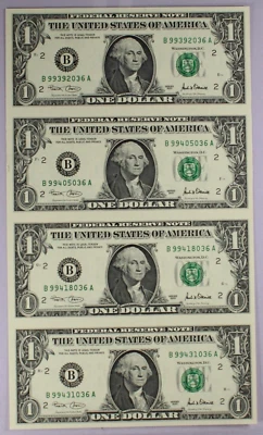2001 Uncut Sheet of (4) $1 Federal Reserve Notes One Dollar Bills Series - Image 1 of 4