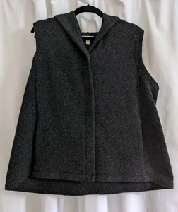 Eileen Fisher Vest Women X-Large Boucle Hooded Dark Gray Wool Blend Knit Cozy - Picture 1 of 11