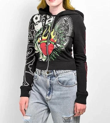 Sudadera con Capucha Ed Hardy Negra Sagrado Corazón Recortada Cremallera Polar Talla Mediana Foto 1 de 4