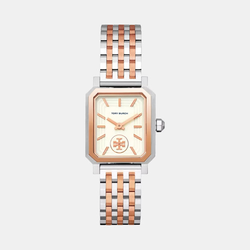 Orologio da donna Tory Burch Robinson rettangolare quadrante bianco e argento oro rosa TBW1509