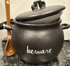 Rae Dunn Beware Witch Cauldron Bowl Canister W Broom Spoon Black New Cute w Tag - Picture 1 of 10