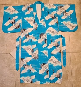 Vestido Kimono Japonés Rayón Años 50 Bata Plumero Turquesa Grúa Diseño Monte Fuji De Colección - Imagen 1 de 24