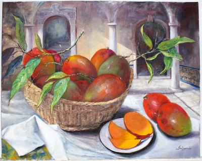 PINTURA AL ÓLEO SOBRE LIENZO CARMEN MARIA GALIGARCIA FIRMADA BODEGÓN MANGOS CUBANOS Foto 1 de 4