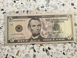 Rare Five dollar bill with serial number MA65888888B - Picture 1 of 3