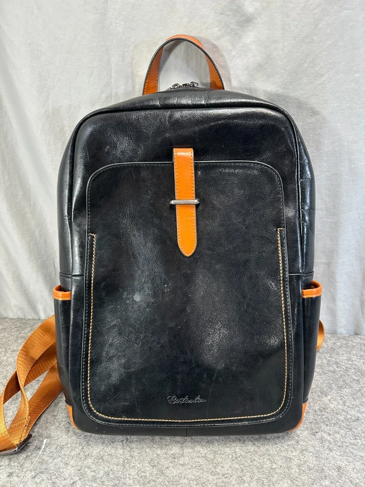 Bostanten 黑色棕色皮革背包 便携式电脑包 口袋 很好! — 第 1/4 张图片