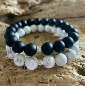 Bracelet Set Matte White Howlite & Matte Onyx Beaded Mens 10mm Set Gift for Him - Picture 1 of 10