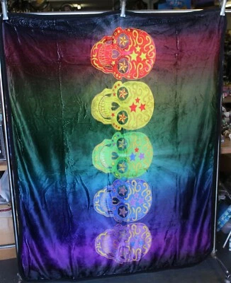 RAINBOW SUGAR SKULLS SKULL DAY OF THE DEAD THROW BLANKET SHERPA BACKING 50X60 - Image 1 of 3