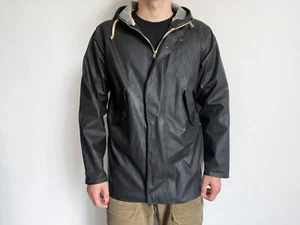 Elka Regntoj Black PVC Rubber Waterproof Raincoat Hooded Zip Up Jacket Size M - Picture 1 of 15