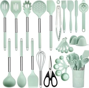 Kitchen Silicone Utensils Cutlery 28Pcs Set Cooking Spatula Spoons Steel Handle - Picture 1 of 13