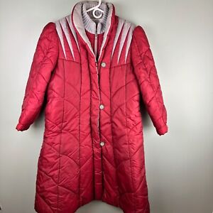 Vintage Red Puffer Long Coat Size XL Silver Quilt Insulted Neck 70s 80s Unique