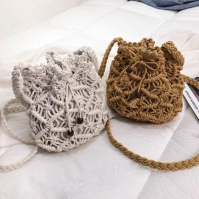 Women Tote Beach Bucket Bag Straw Handbag Ethnic Woven Shoulder Bag Handmade - Image 1 of 4