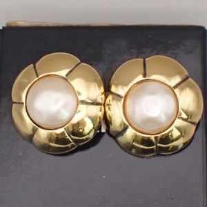 CHANEL Logo Flower Round Button Earrings Clip-On Imitation Pearl Gold 33RK752 - Picture 1 of 10