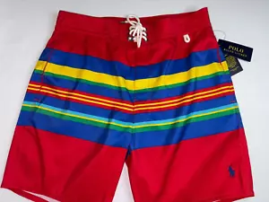 NWT Polo Ralph Lauren Striped Size 32 Swim Trunks Summit View Red - Picture 1 of 6