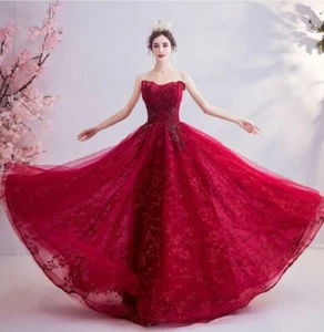 Elegantes Damen Sexy Brautkleid Rot Spitze Trägerlos Schulterfrei Bodenlang - Bild 1 von 6